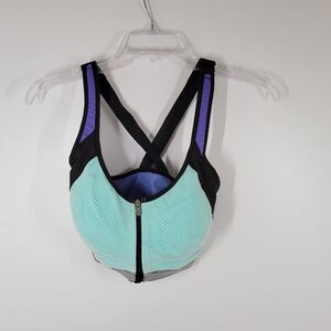 VSX Victoria's Secret Teal Blue Purple Mesh Front Zip Sports Bra Size 32DD